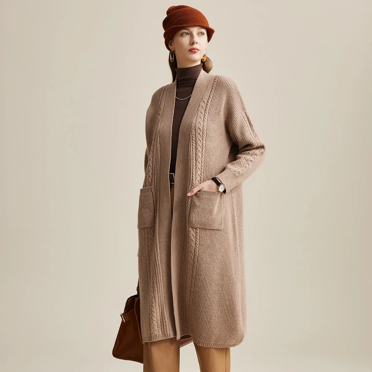 100% Wool Cardigan Cozy Long Knit Coats with Pockets