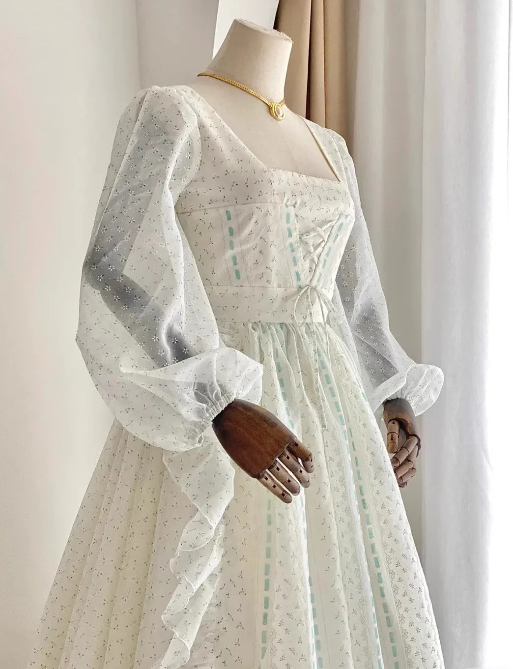 1900s Royalcore Square Collar Puff Sleeves Dress