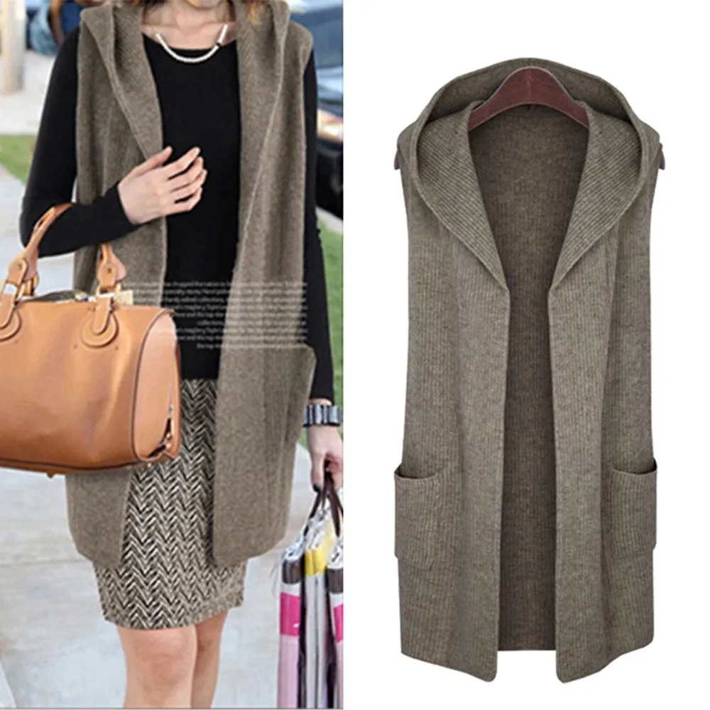 2016 New Women's Acrylic Woolen Vest Fashion Hooded Jacket With Pockets Autumn Winter Female Coat Plus Size L-5XL Vest