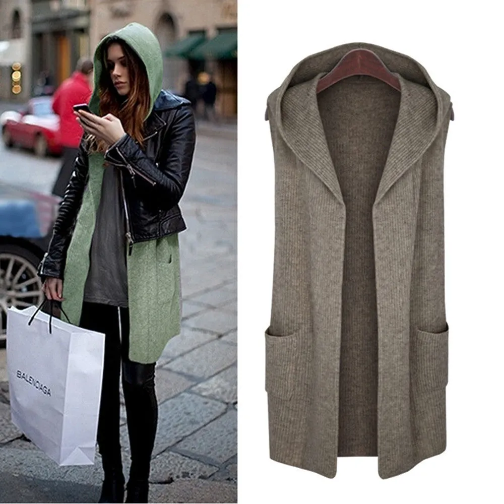 2016 New Women's Acrylic Woolen Vest Fashion Hooded Jacket With Pockets Autumn Winter Female Coat Plus Size L-5XL Vest