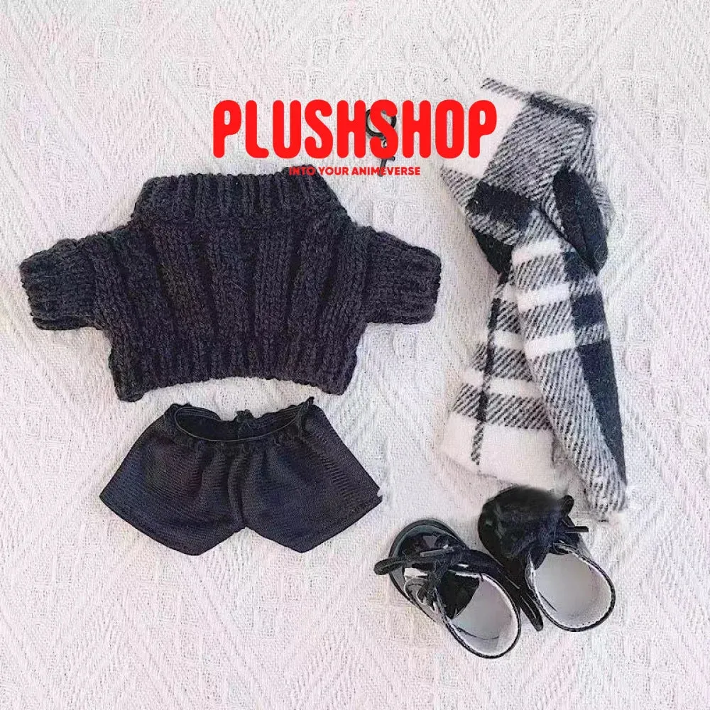 20cm Cotton Doll Plush Clothes Cute Black Sweater With Plaid Scarf Outfit for Dolls(Outfit only)