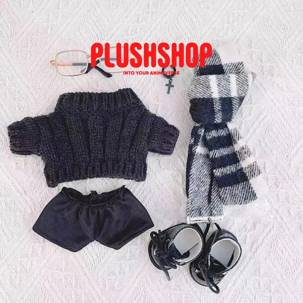 20cm Cotton Doll Plush Clothes Cute Black Sweater With Plaid Scarf Outfit for Dolls(Outfit only)