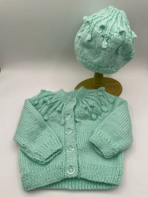 6-12 M Mint Acrylic Knit Cardigan And Hat Set