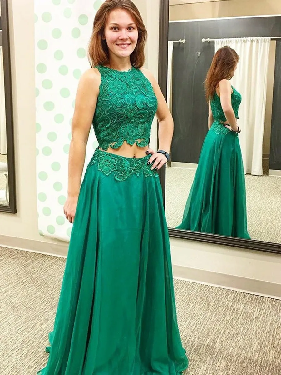 A Line Round Neck Lace Top Green Long Prom, Green Lace Formal, Green Evening