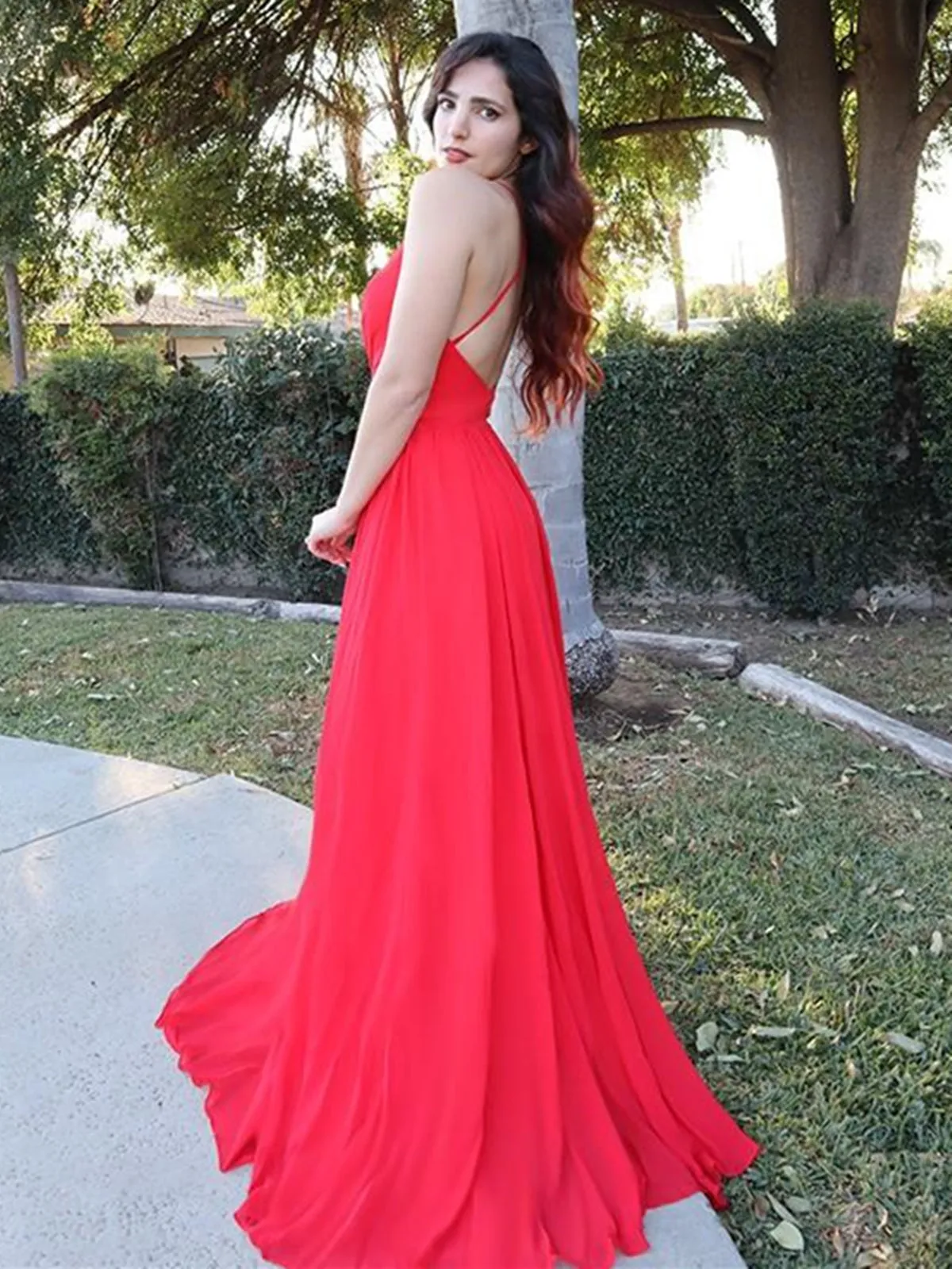 A Line V Neck Backless Red Long Prom, Open Back Red Formal Graduation Evening