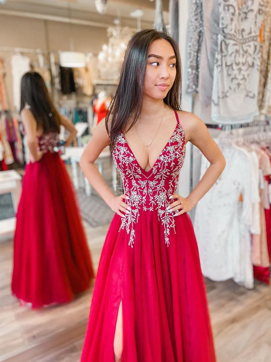 A Line V Neck Beaded Red Long Prom with Slit, V Neck Red Formal, Red Evening