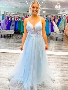 A Line V Neck Open Back Light Blue Long Prom Dresses with Lace Flowers, Light Blue Lace Floral Formal Graduation Evening Dresses