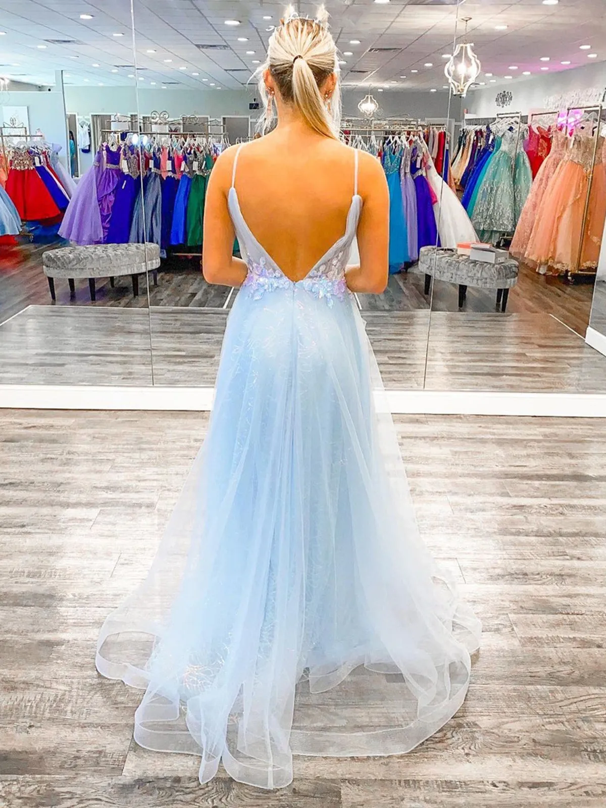 A Line V Neck Open Back Light Blue Long Prom Dresses with Lace Flowers, Light Blue Lace Floral Formal Graduation Evening Dresses