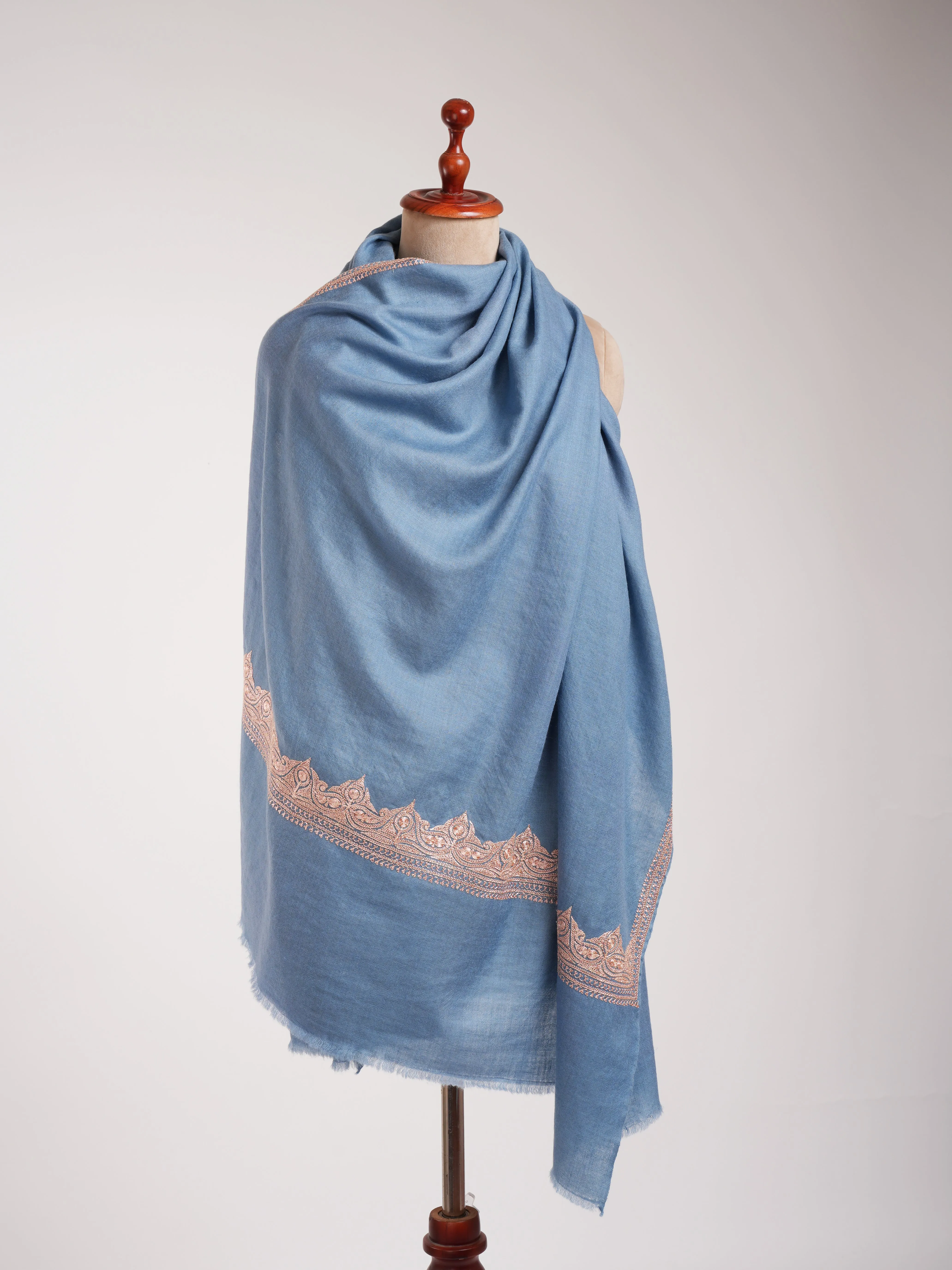 Artistic Tilla Embroidery Sky Blue Kashmiri Pashmina Shawl