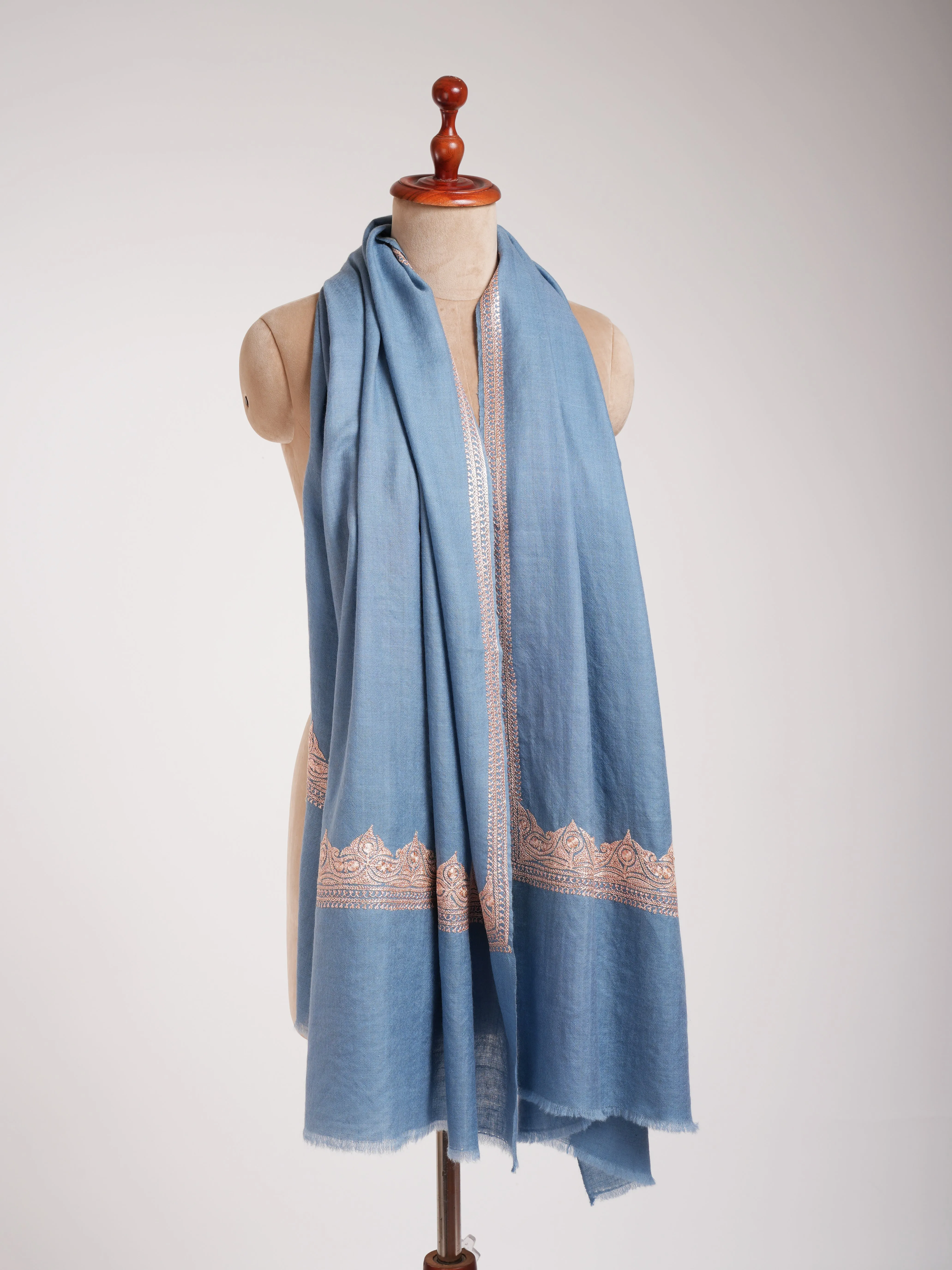 Artistic Tilla Embroidery Sky Blue Kashmiri Pashmina Shawl