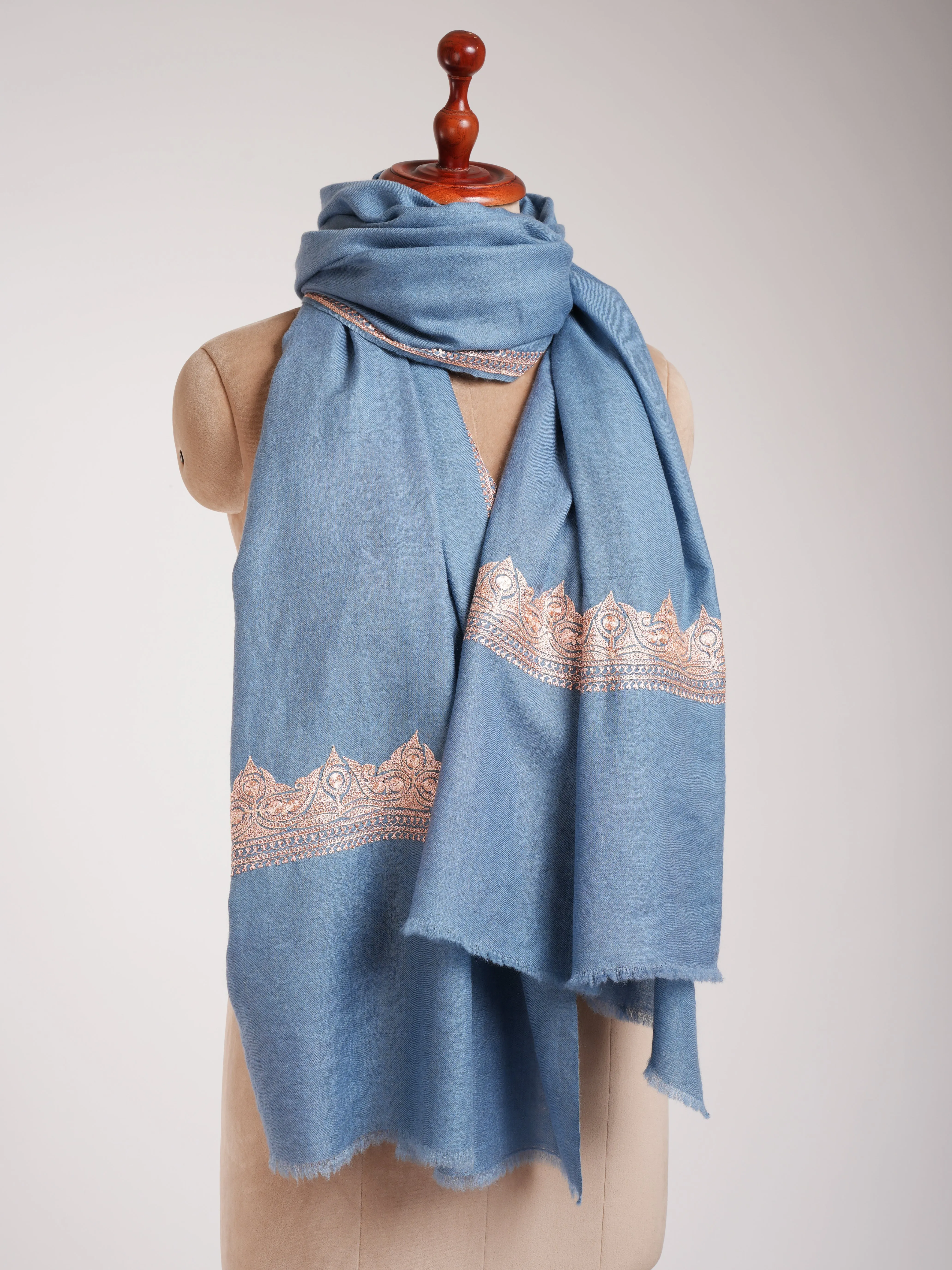 Artistic Tilla Embroidery Sky Blue Kashmiri Pashmina Shawl