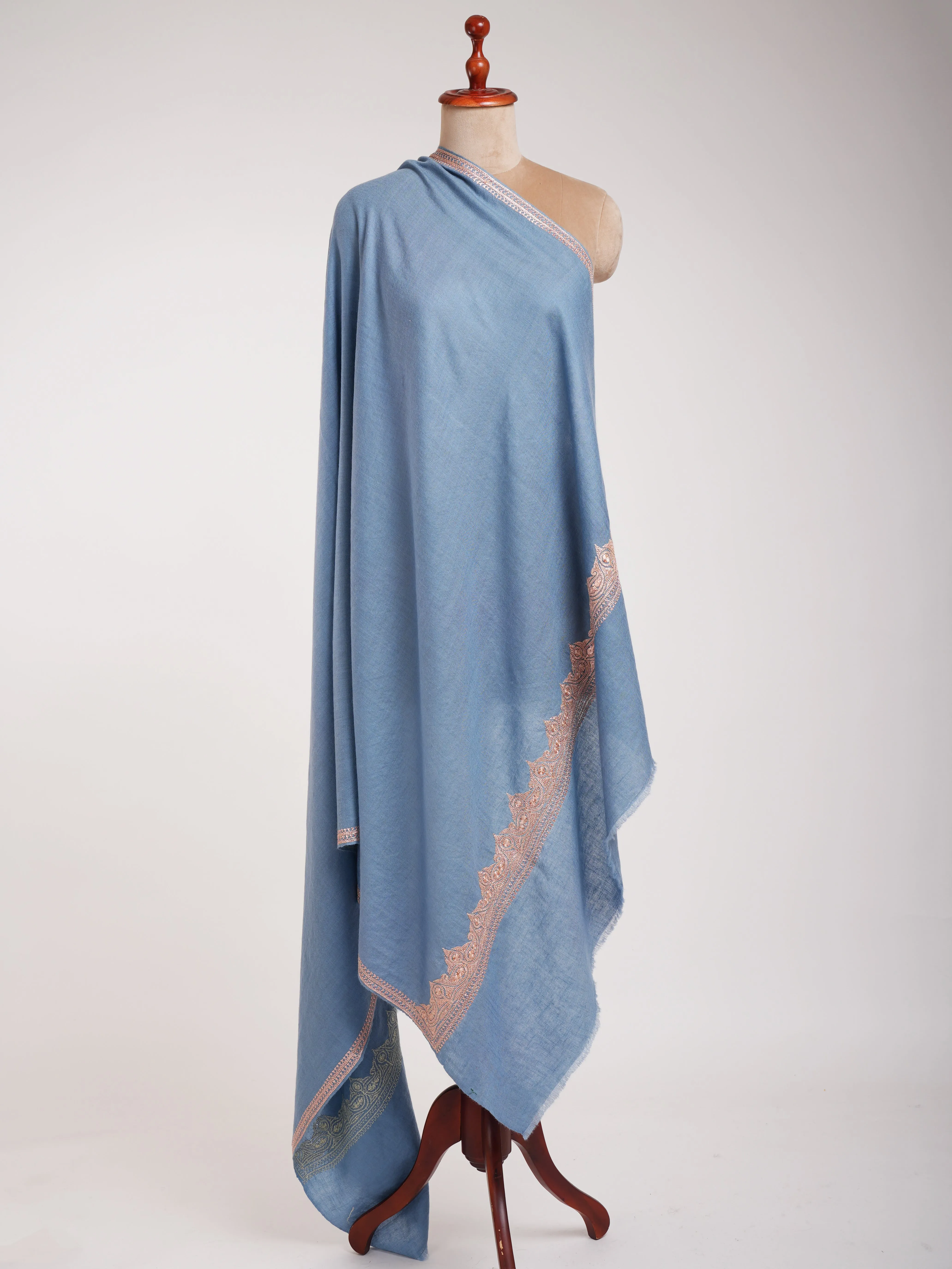 Artistic Tilla Embroidery Sky Blue Kashmiri Pashmina Shawl