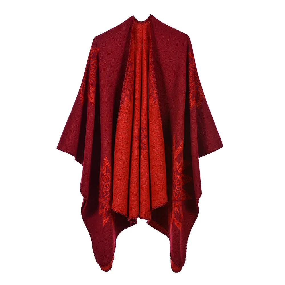 Autumn and winter long shawl dual-use travel warm double-sided cashmere flower cape