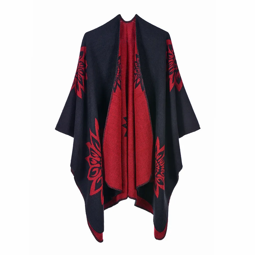 Autumn and winter long shawl dual-use travel warm double-sided cashmere flower cape