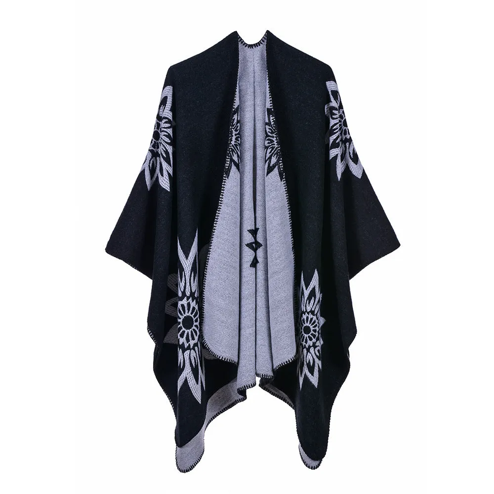 Autumn and winter long shawl dual-use travel warm double-sided cashmere flower cape