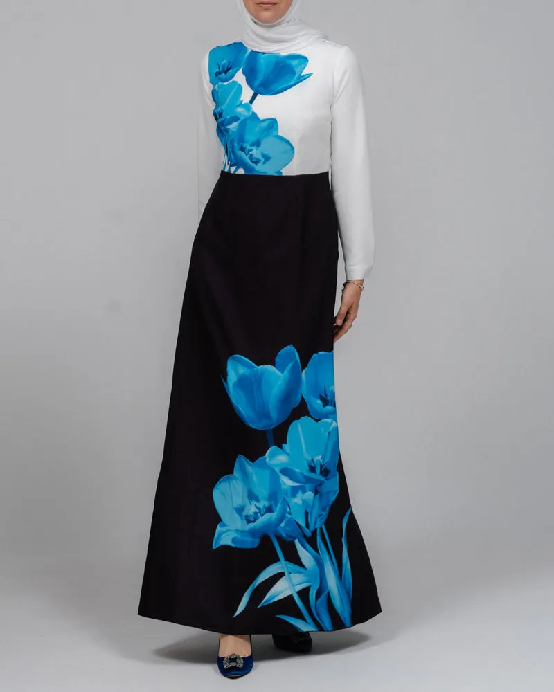 Aya maxi contrast 3D Floral print modest dress with long sleeve contrast white top