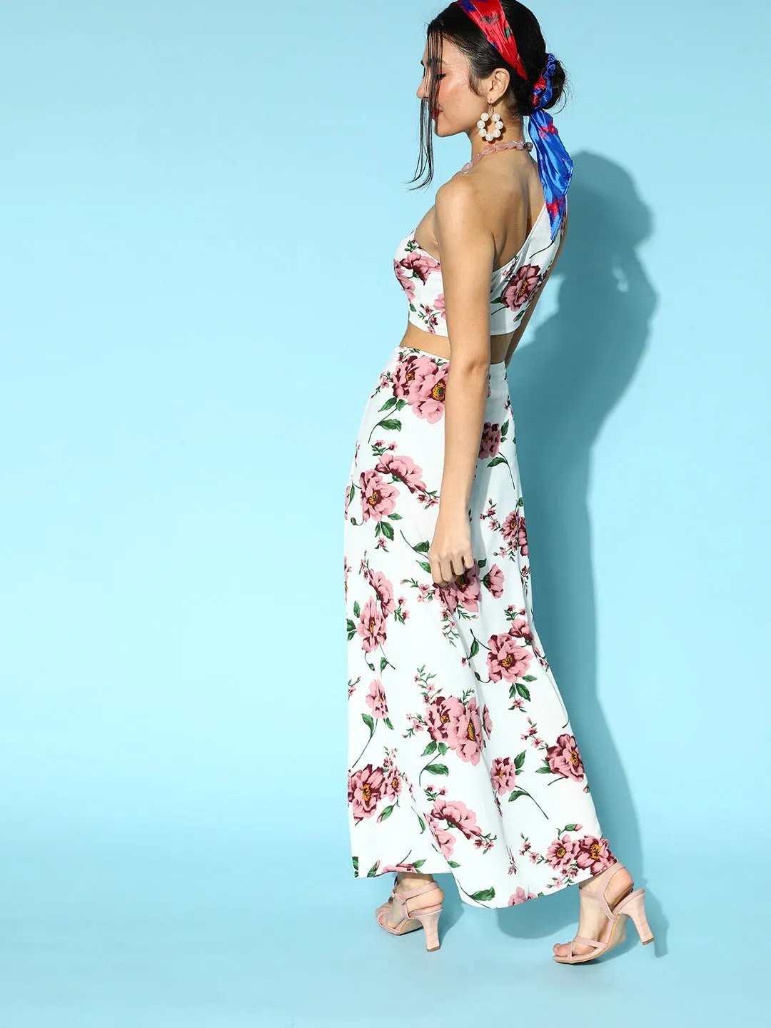 Berrylush Women White & Pink Floral Printed One-Shoulder Neck Thigh-High Slit Maxi Co-Ordinate Set