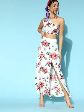 Berrylush Women White & Pink Floral Printed One-Shoulder Neck Thigh-High Slit Maxi Co-Ordinate Set