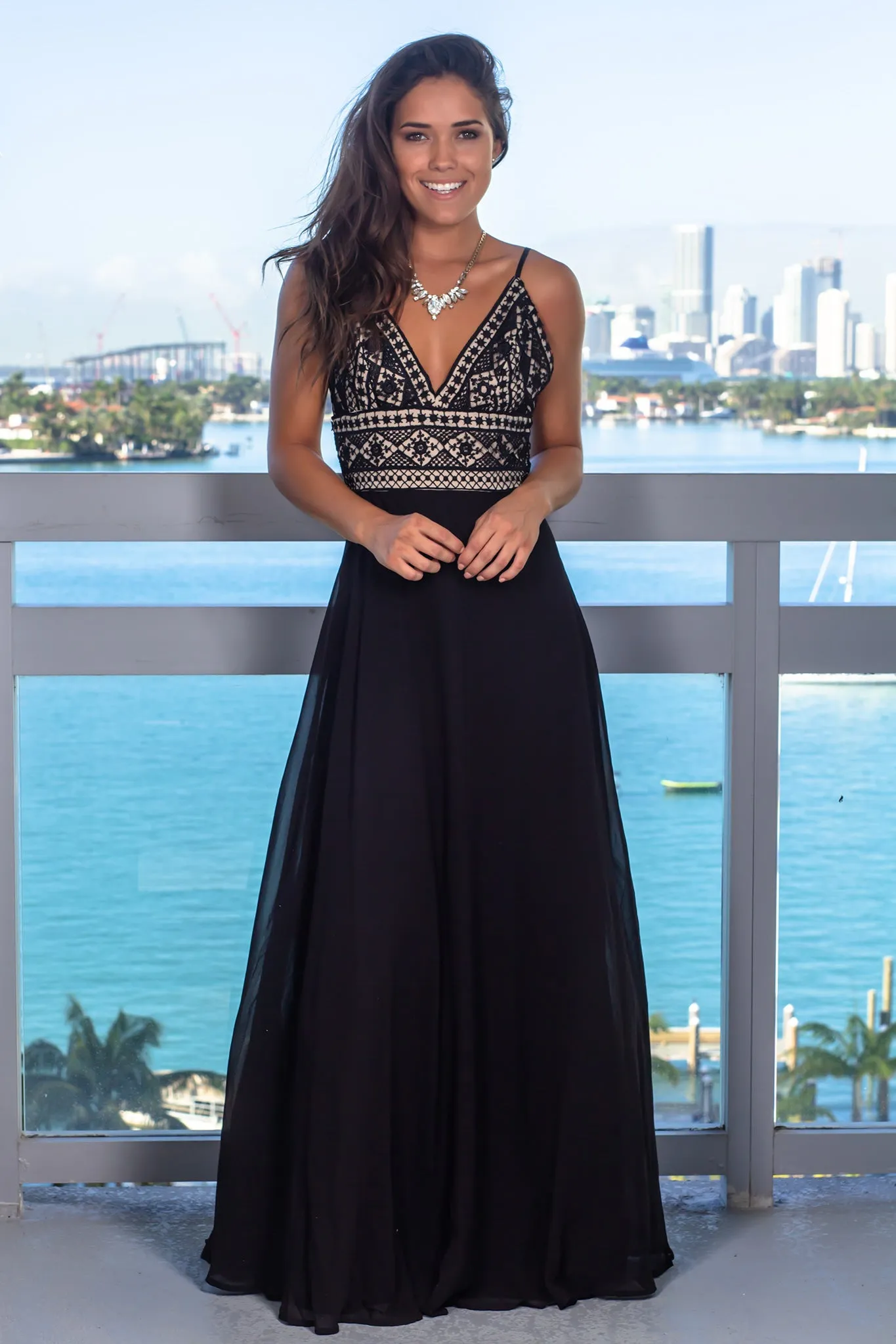 Black and Beige V-Neck Embroidered Top Maxi Dress