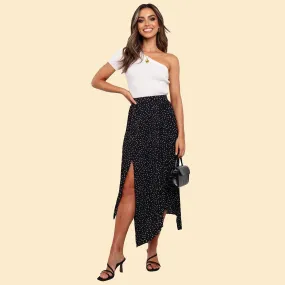 Black Fashion Print Asymmetrical Side Slit Pleated Maxi Skirt