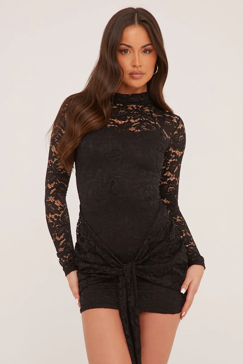 Black Lace High Neck Tie Front Mini Dress - Tianne