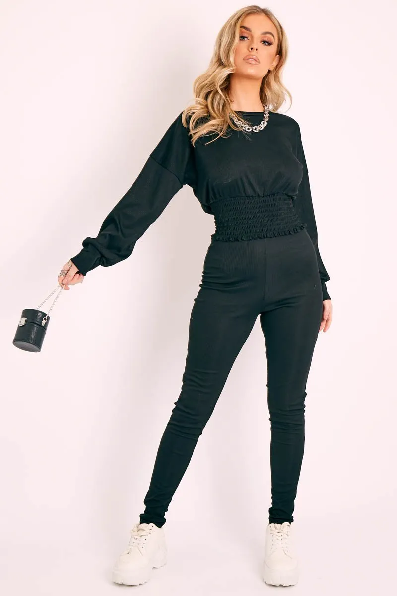 Black Shirred Top and Leggings Loungewear Co-ord - Tynlie