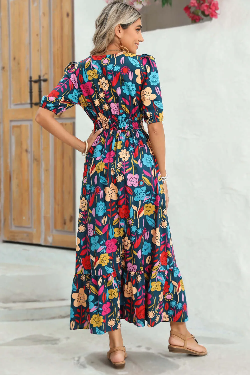 Blossom Beauty: Split V Neck Maxi Dress with Puff Sleeves