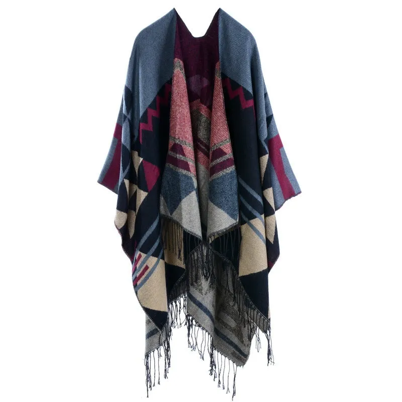 Bohemian fringed long cloak thick imitation cashmere autumn and winter travel slit shawl