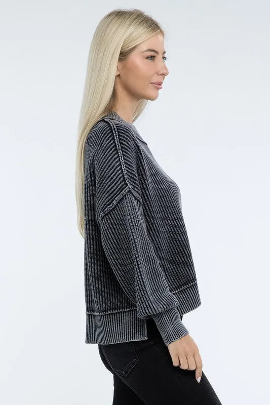 Bohemian Washed Side Slit Oversized Cropped Sweater