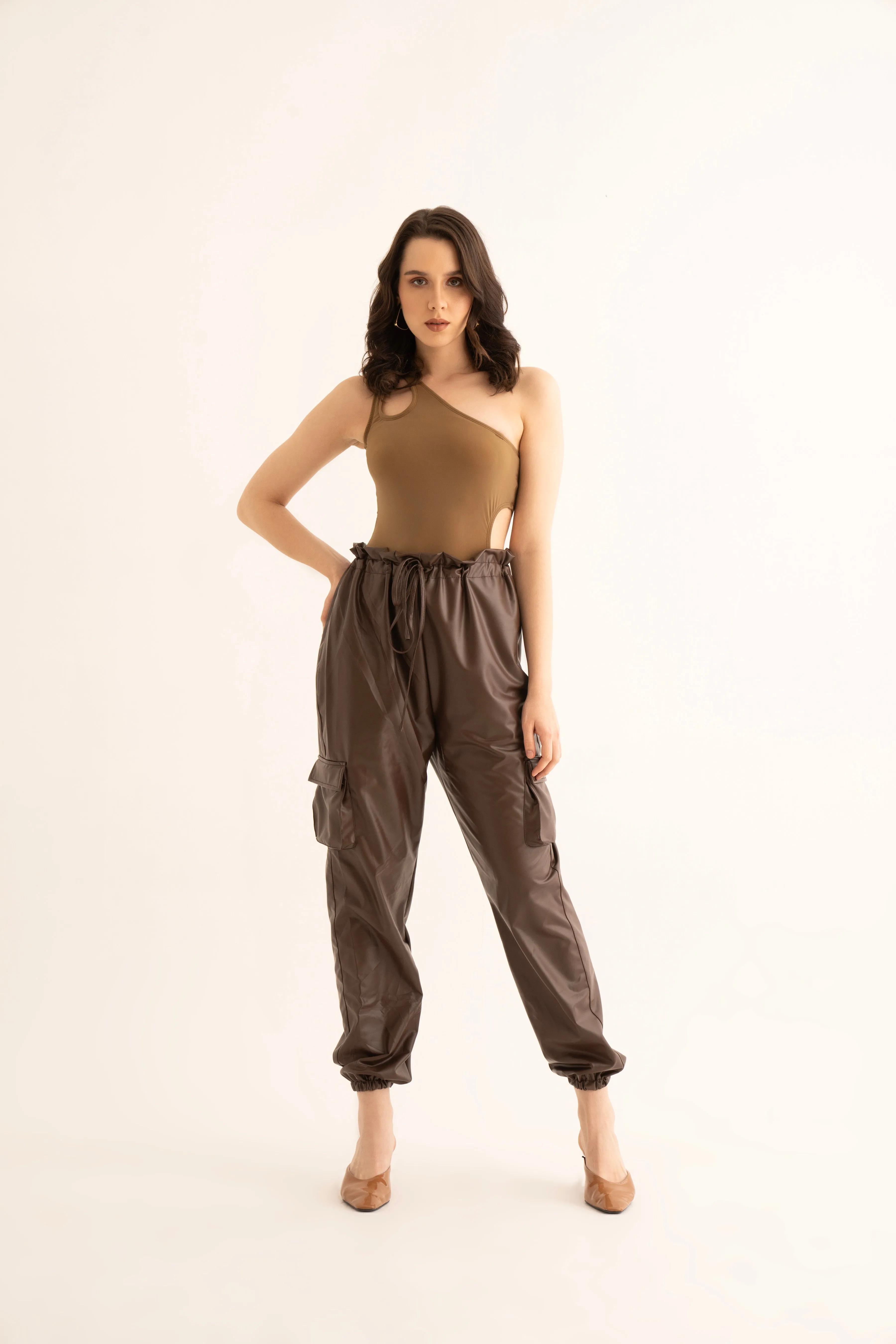 Brown Faux Leather Cargo Pants