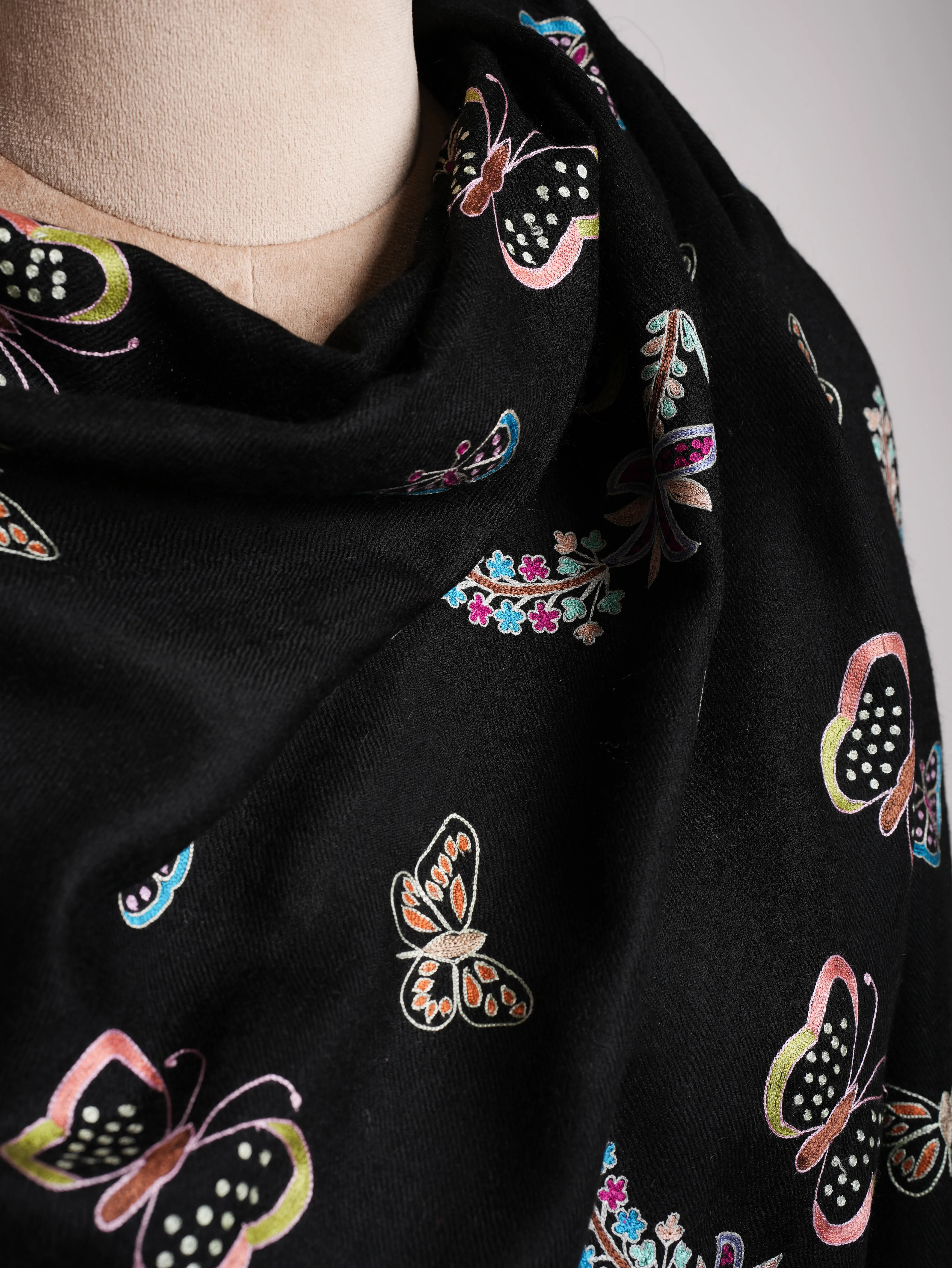 Butterfly Embroidered Black Pashmina Shawl