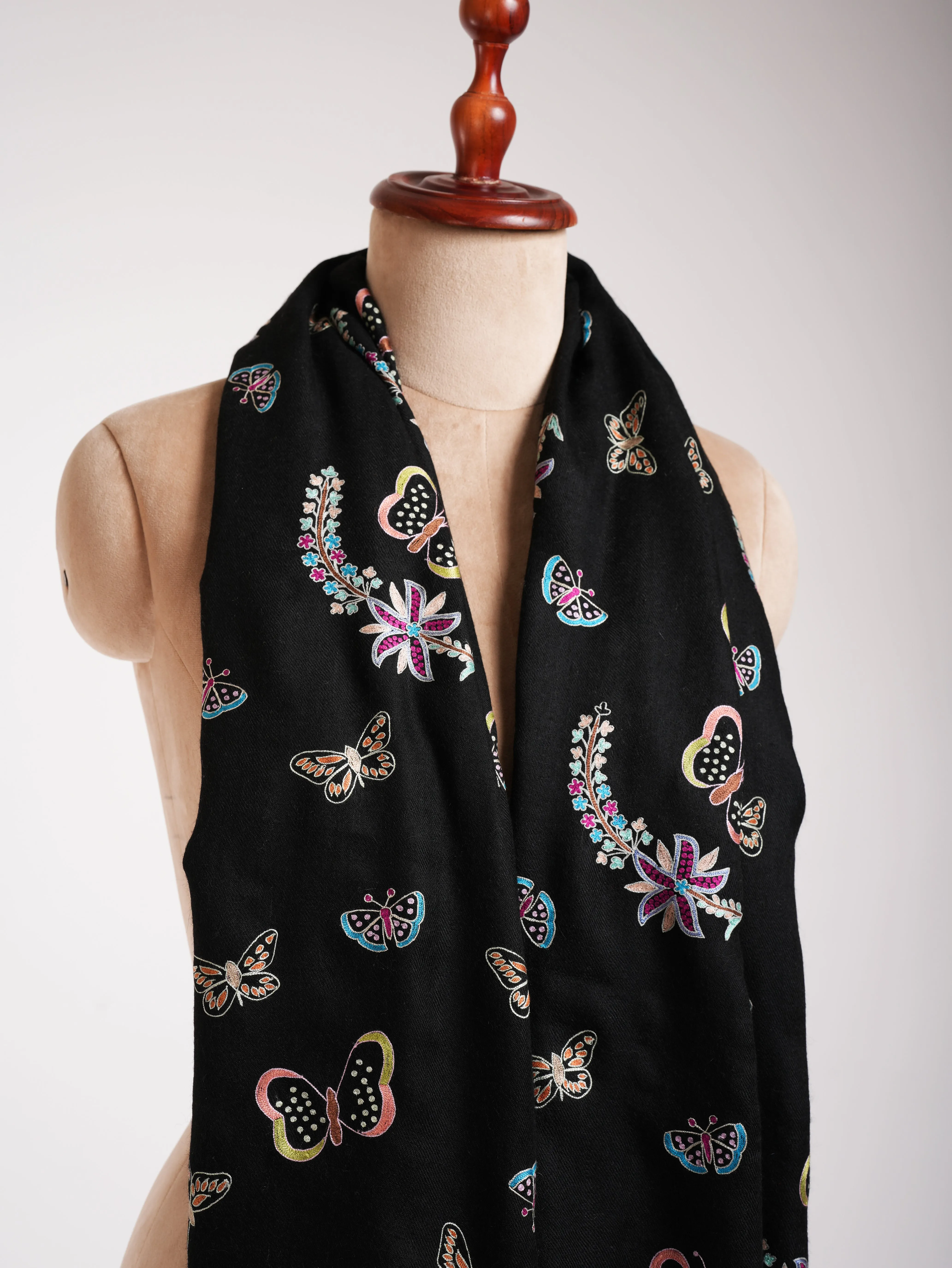 Butterfly Embroidered Black Pashmina Shawl