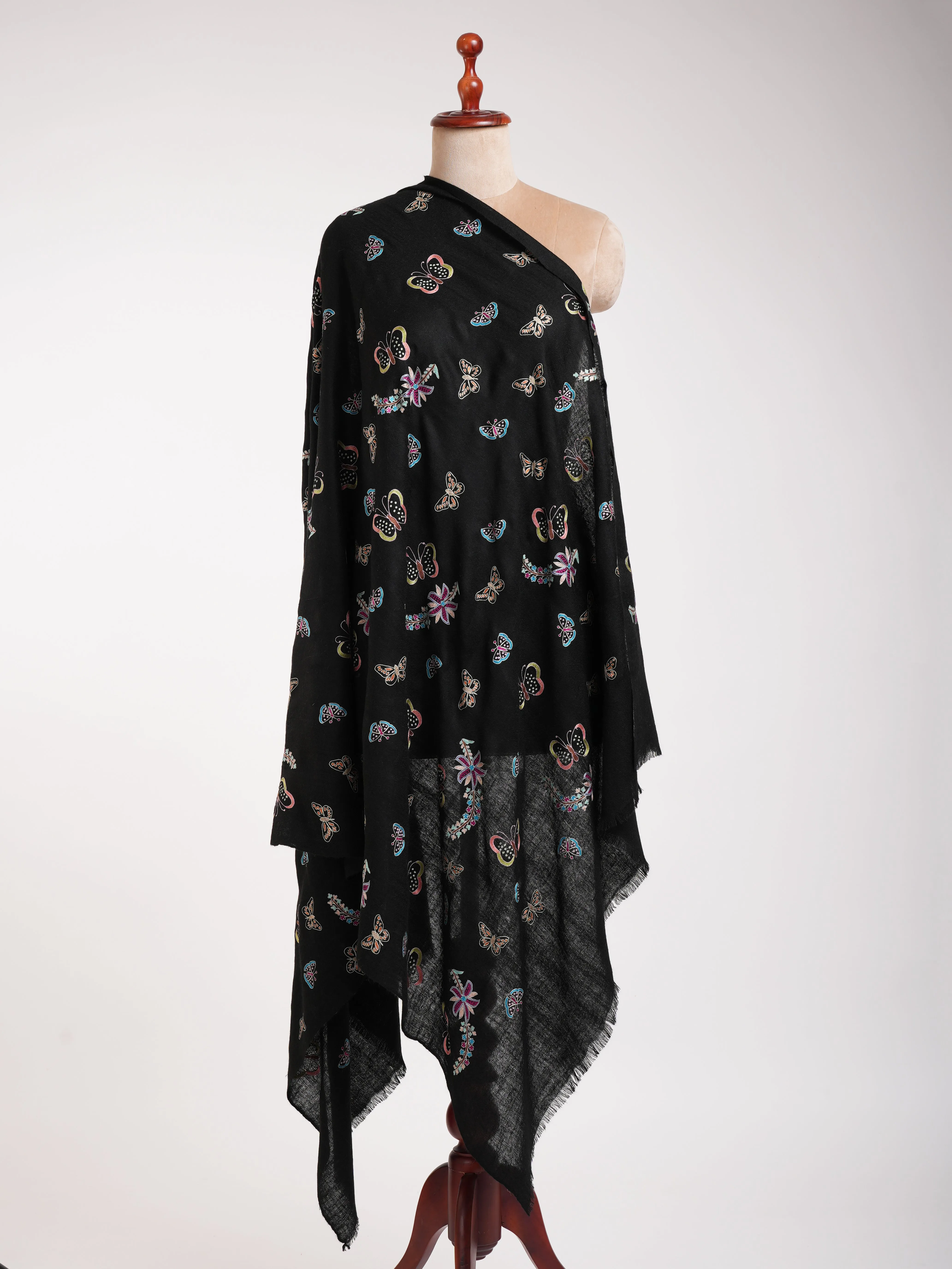 Butterfly Embroidered Black Pashmina Shawl