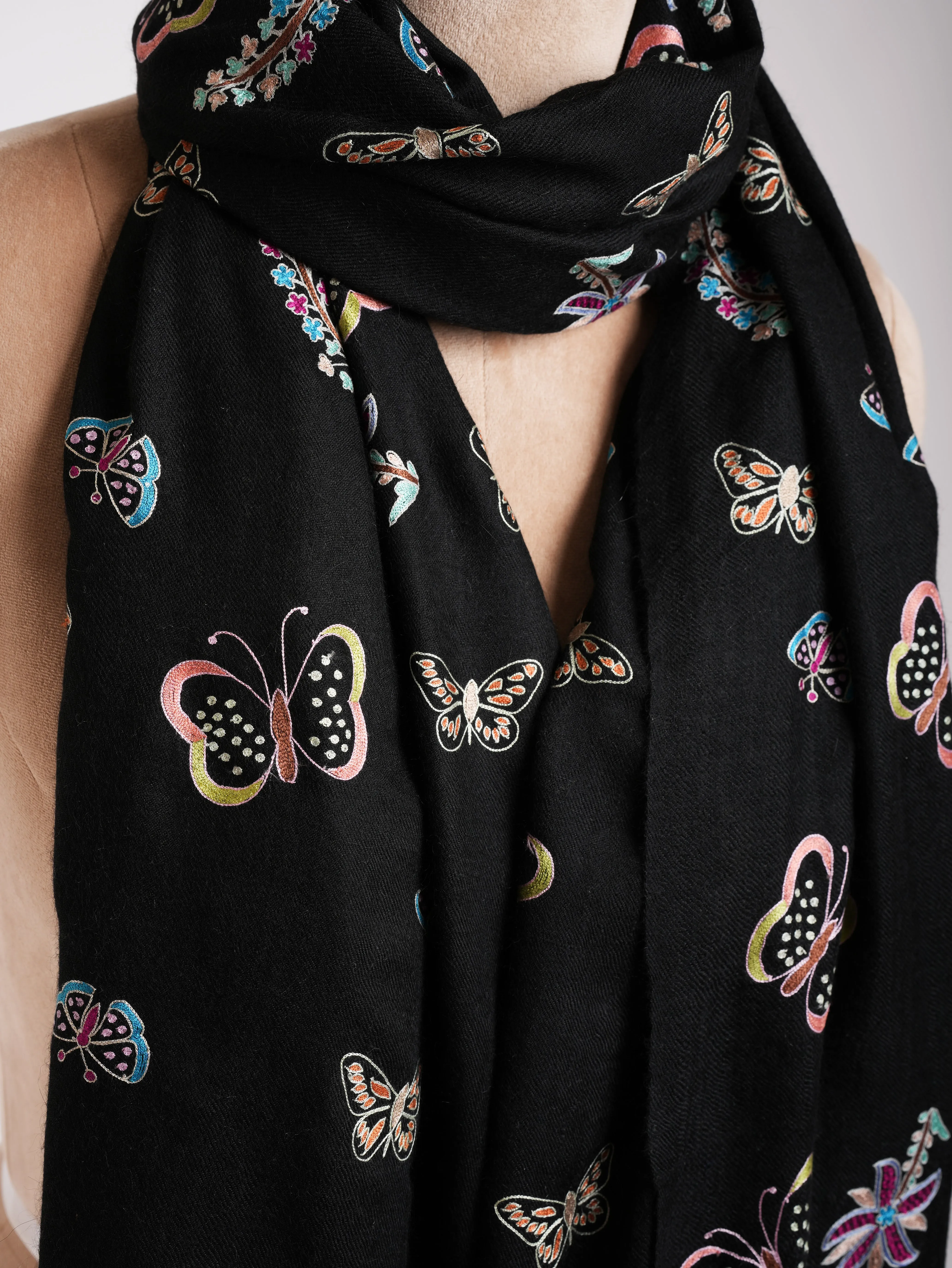 Butterfly Embroidered Black Pashmina Shawl