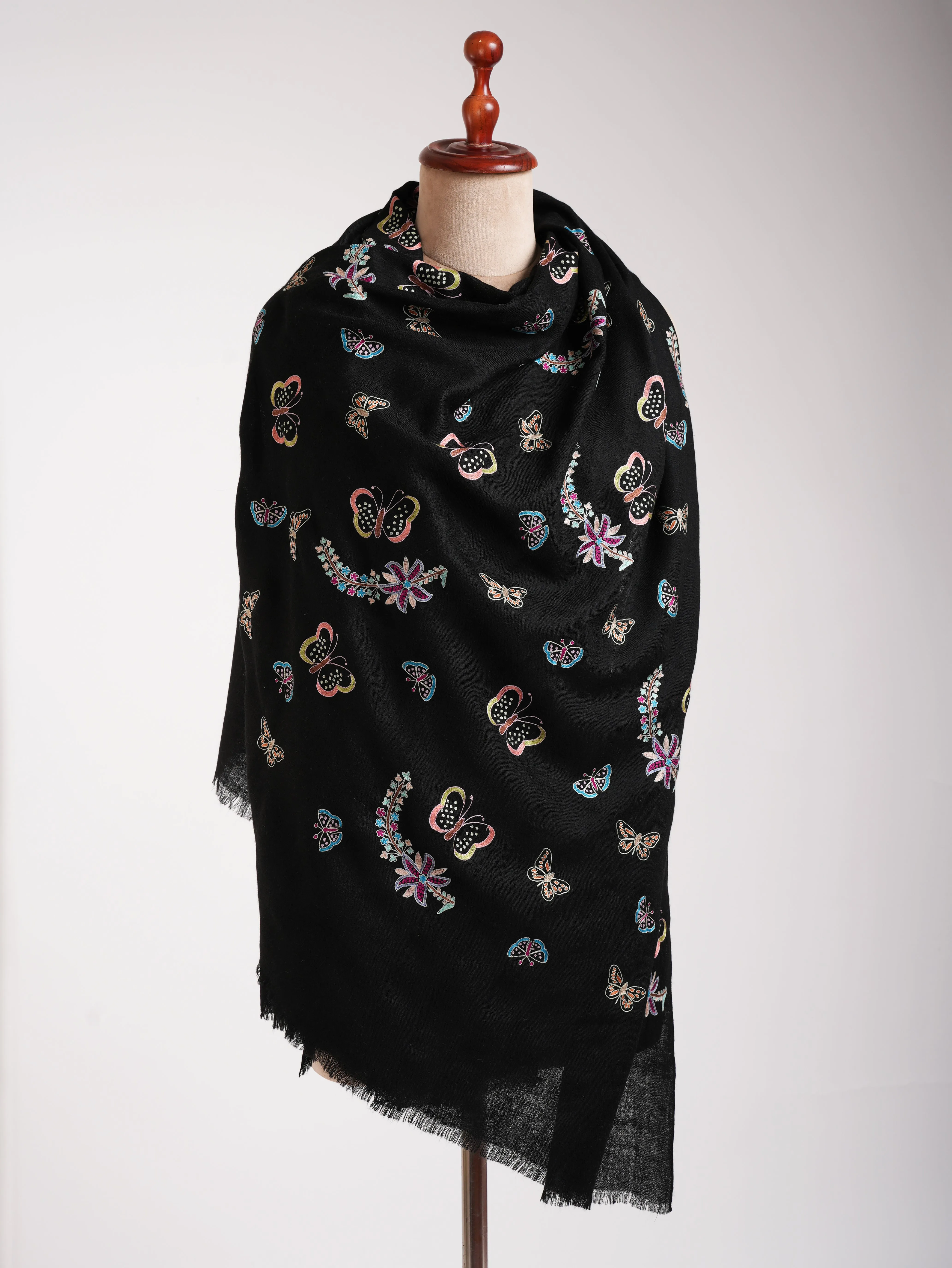 Butterfly Embroidered Black Pashmina Shawl