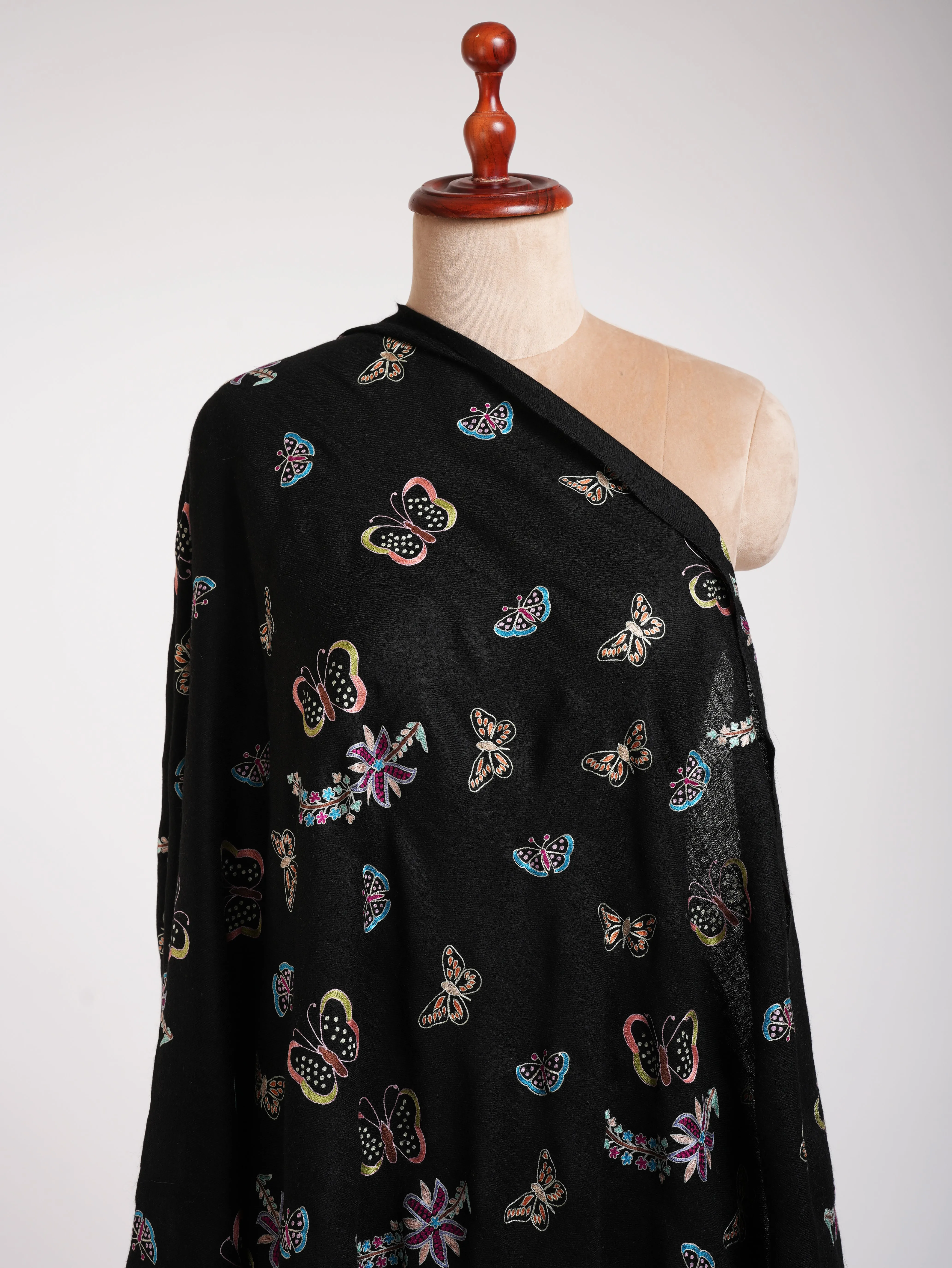 Butterfly Embroidered Black Pashmina Shawl