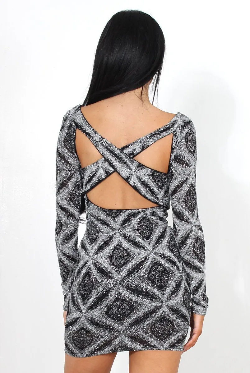 Cally Black And Silver Glitter  Cutout Bodycon Dress