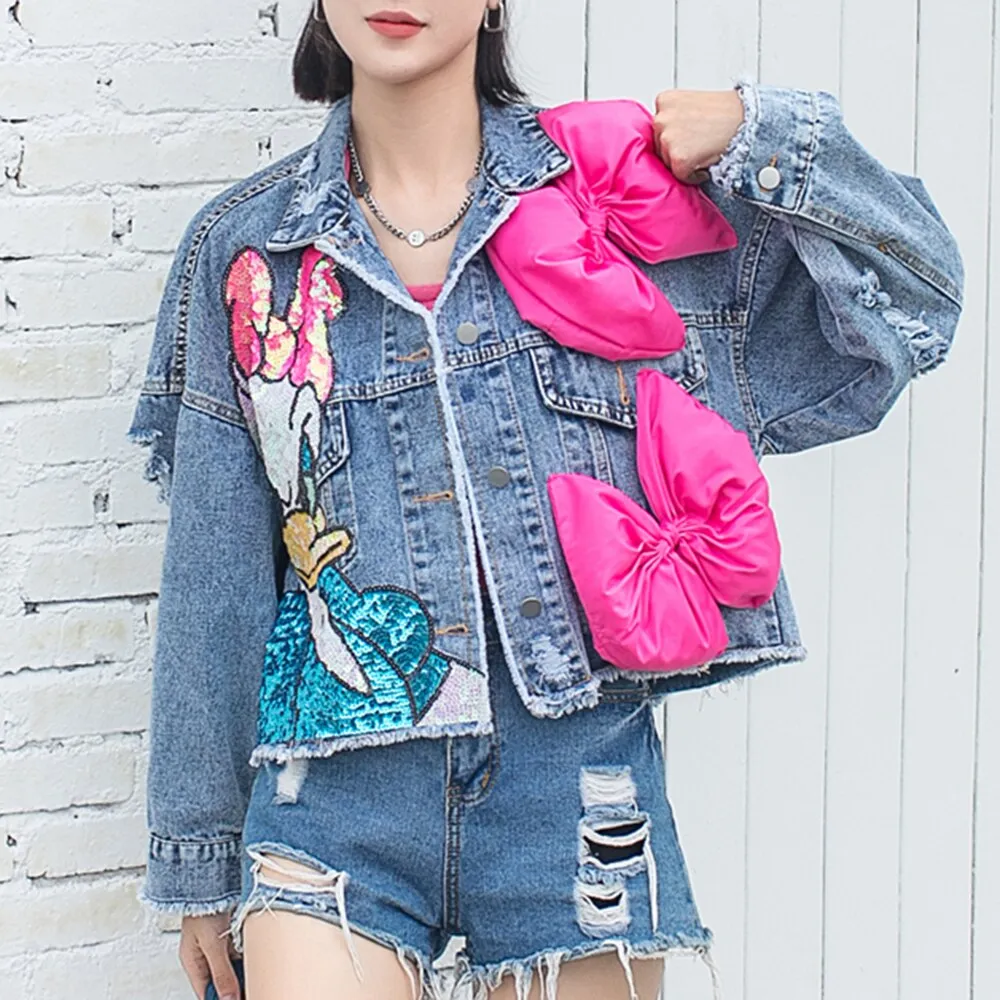 Cartoon Patch Sequins Casual Denim Jackets For Women Lapel Long Sleeve Spliced Bow Loose Jacket Female Fashion