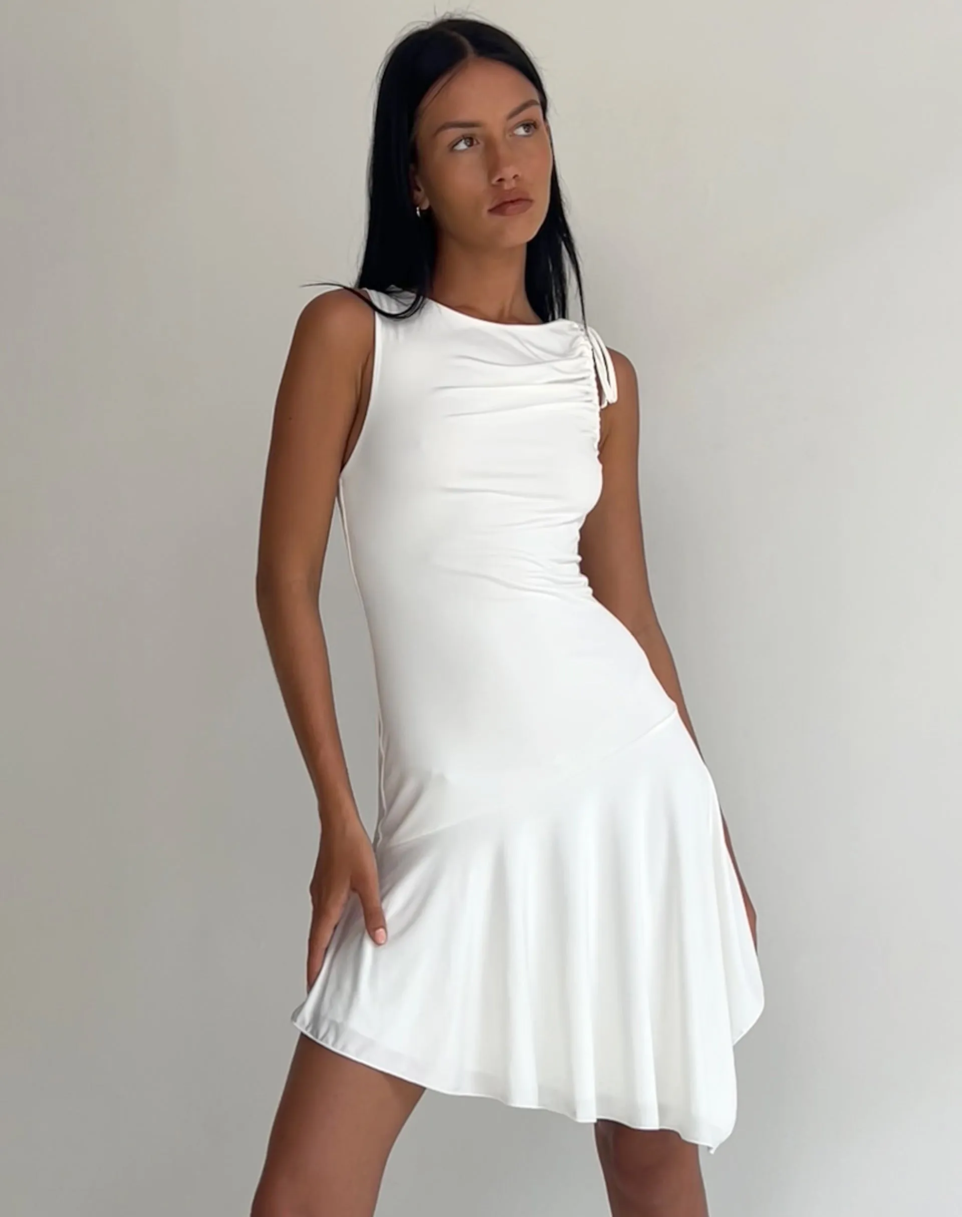 Chaya Waterfall Hem Mini Dress in Slinky Ivory