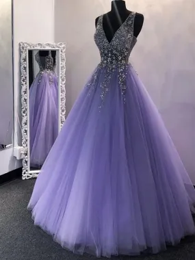 Chic V Neck Sequins Purple Tulle Long Prom Dresses, V Neck Lilac Formal Evening Dresses, Purple Ball