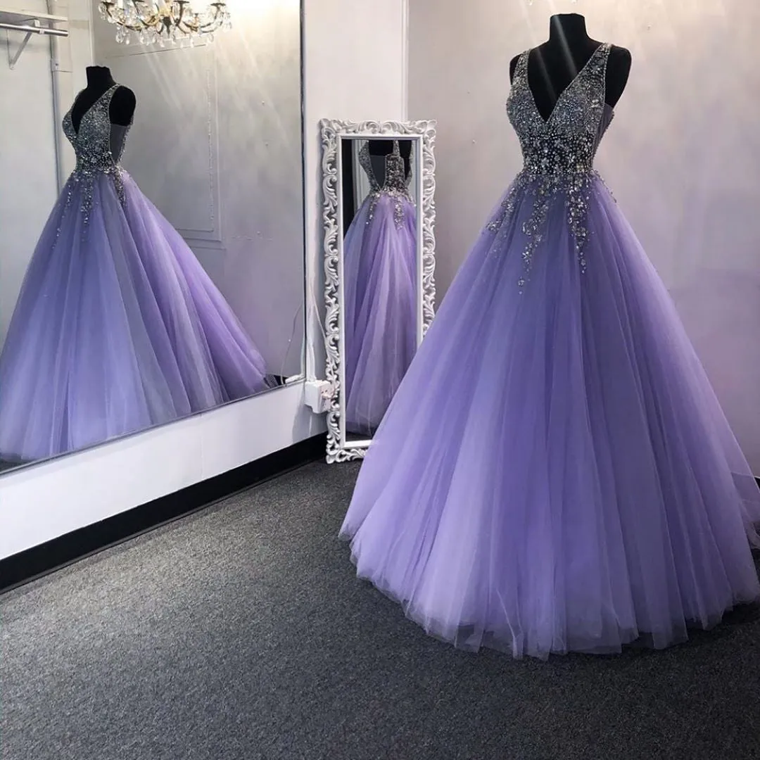 Chic V Neck Sequins Purple Tulle Long Prom Dresses, V Neck Lilac Formal Evening Dresses, Purple Ball