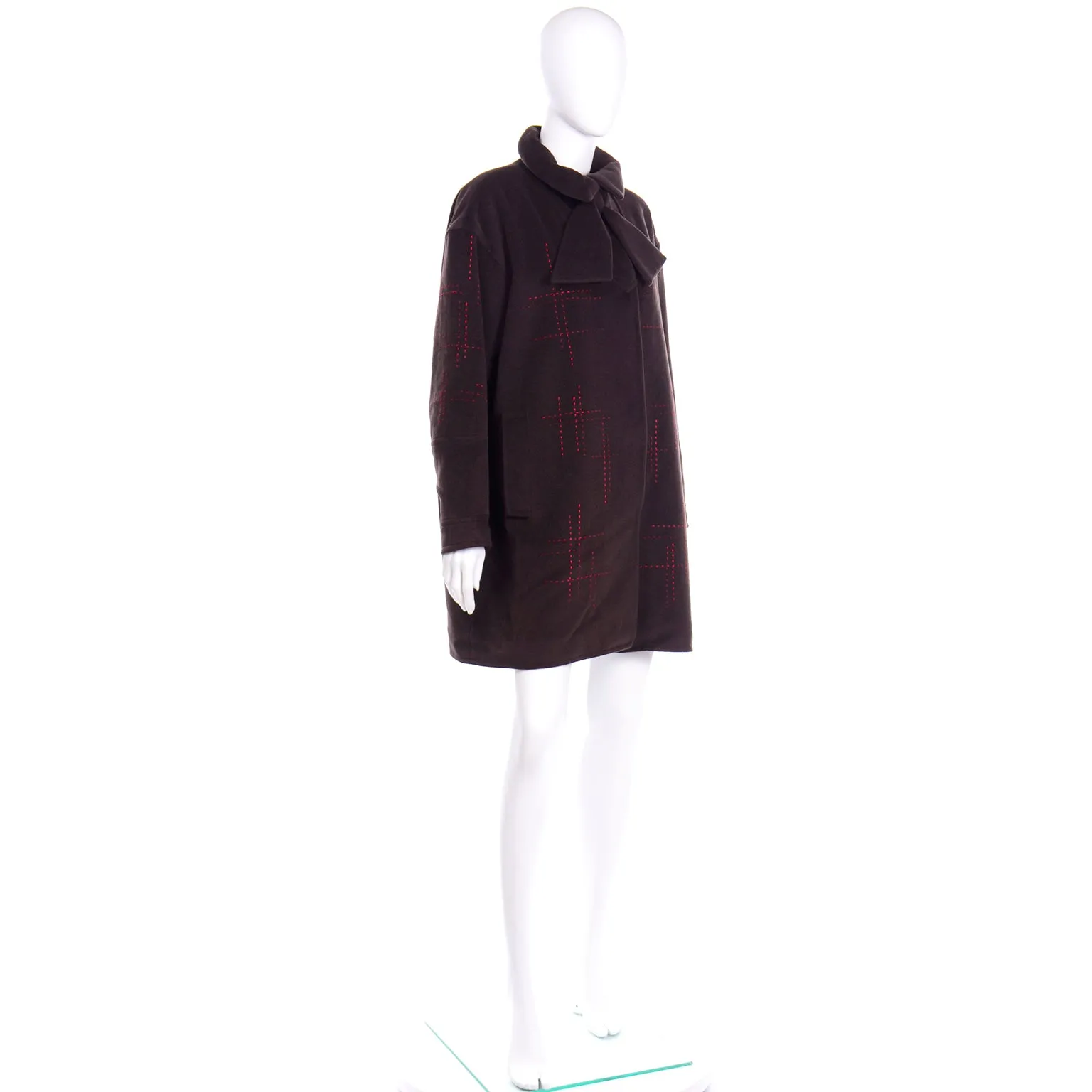 Christian Lacroix Vintage Brown Wool Coat W Red Topstitching and Bow