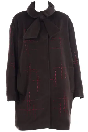 Christian Lacroix Vintage Brown Wool Coat W Red Topstitching and Bow