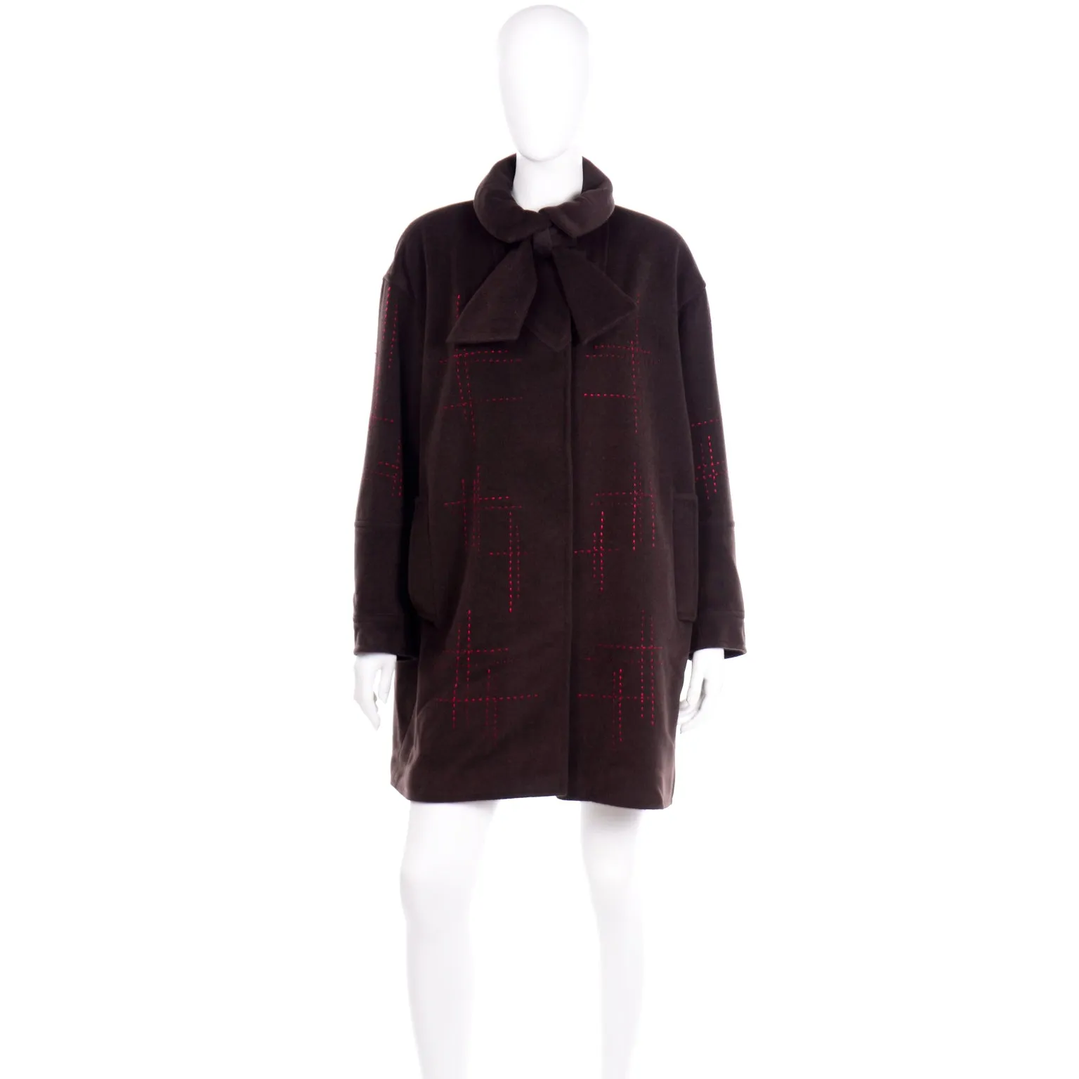 Christian Lacroix Vintage Brown Wool Coat W Red Topstitching and Bow