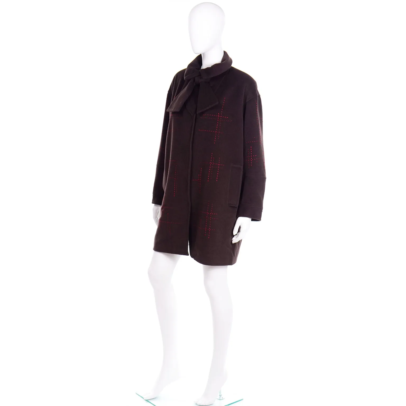 Christian Lacroix Vintage Brown Wool Coat W Red Topstitching and Bow