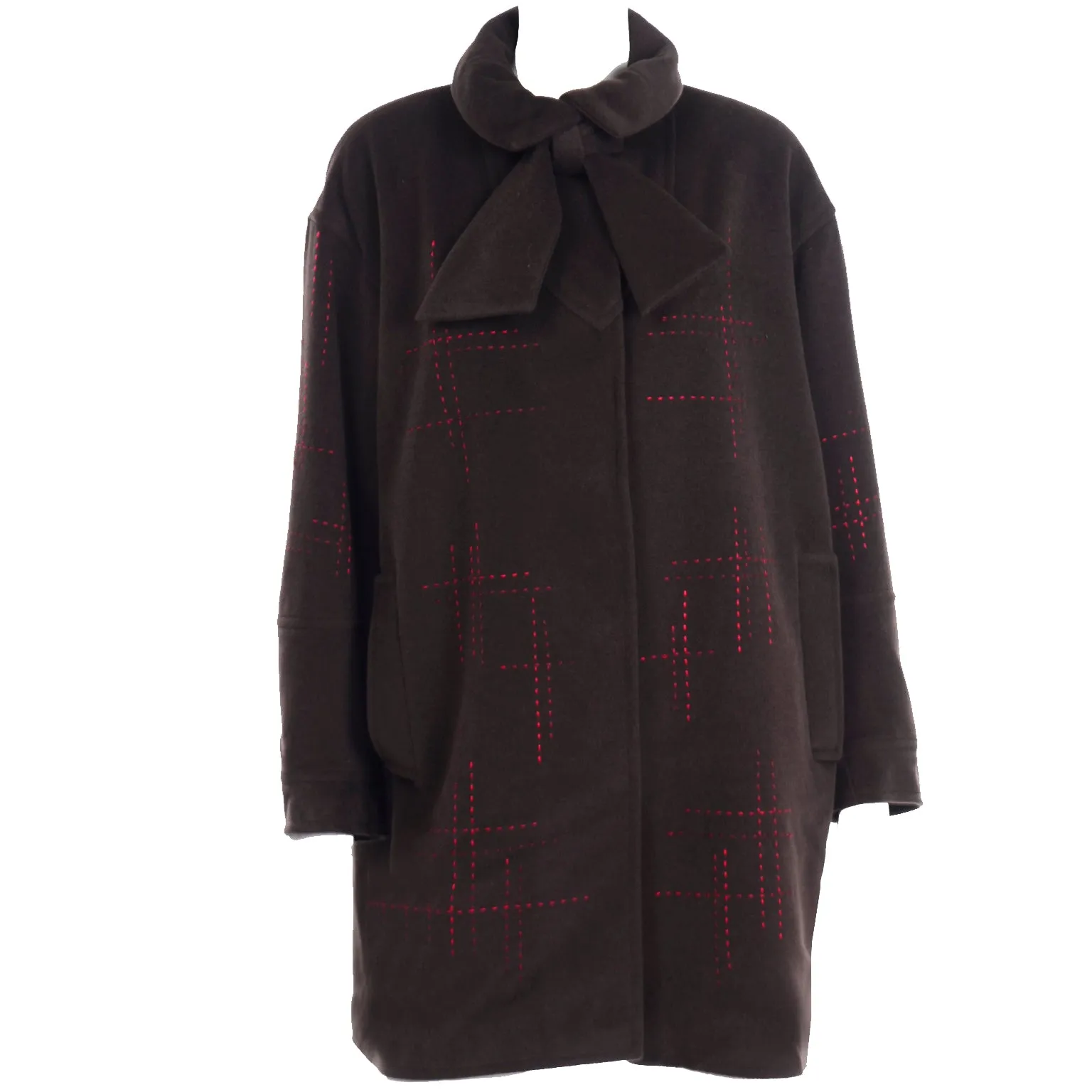 Christian Lacroix Vintage Brown Wool Coat W Red Topstitching and Bow