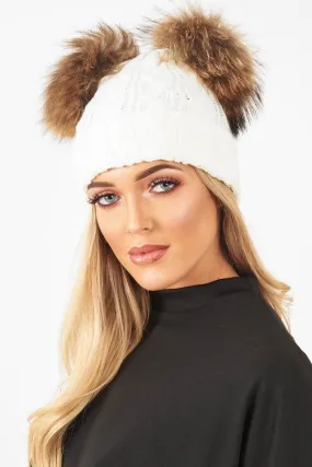 Cream Cable Knit Double Bobble Hat - Cheyann