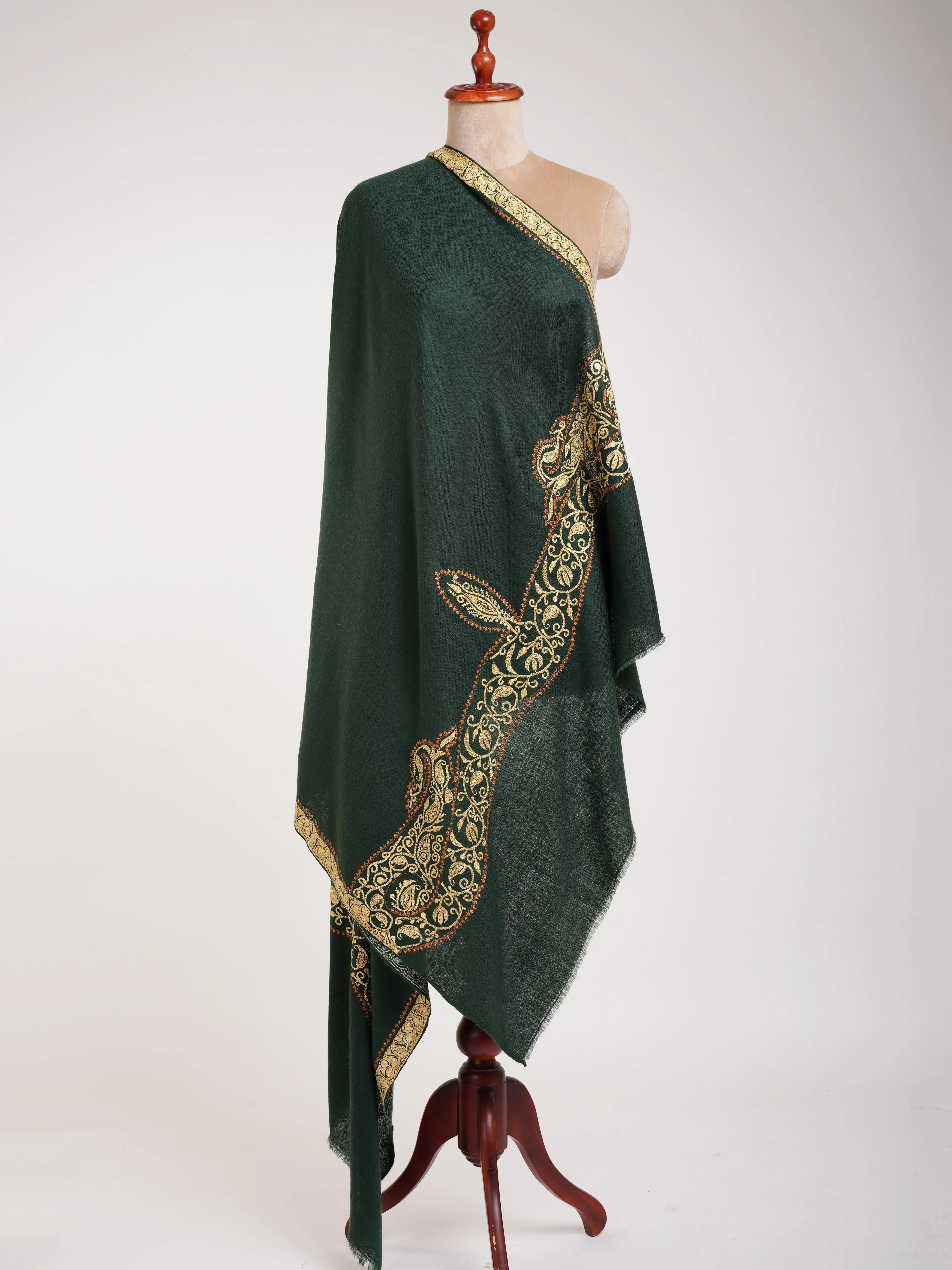 Dark Green Pashmina Shawl with Hand Tillawork Embroidery