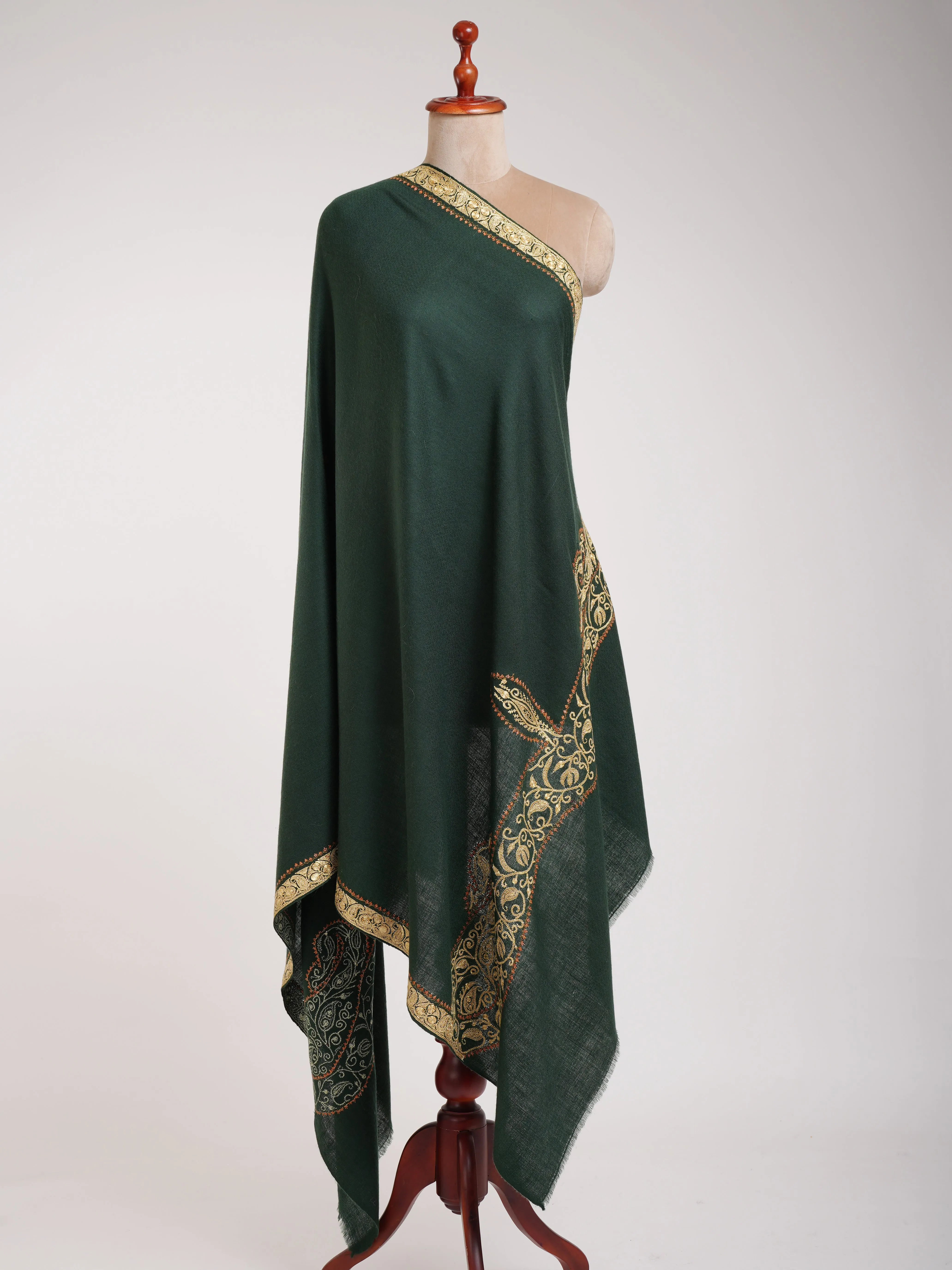 Dark Green Pashmina Shawl with Hand Tillawork Embroidery