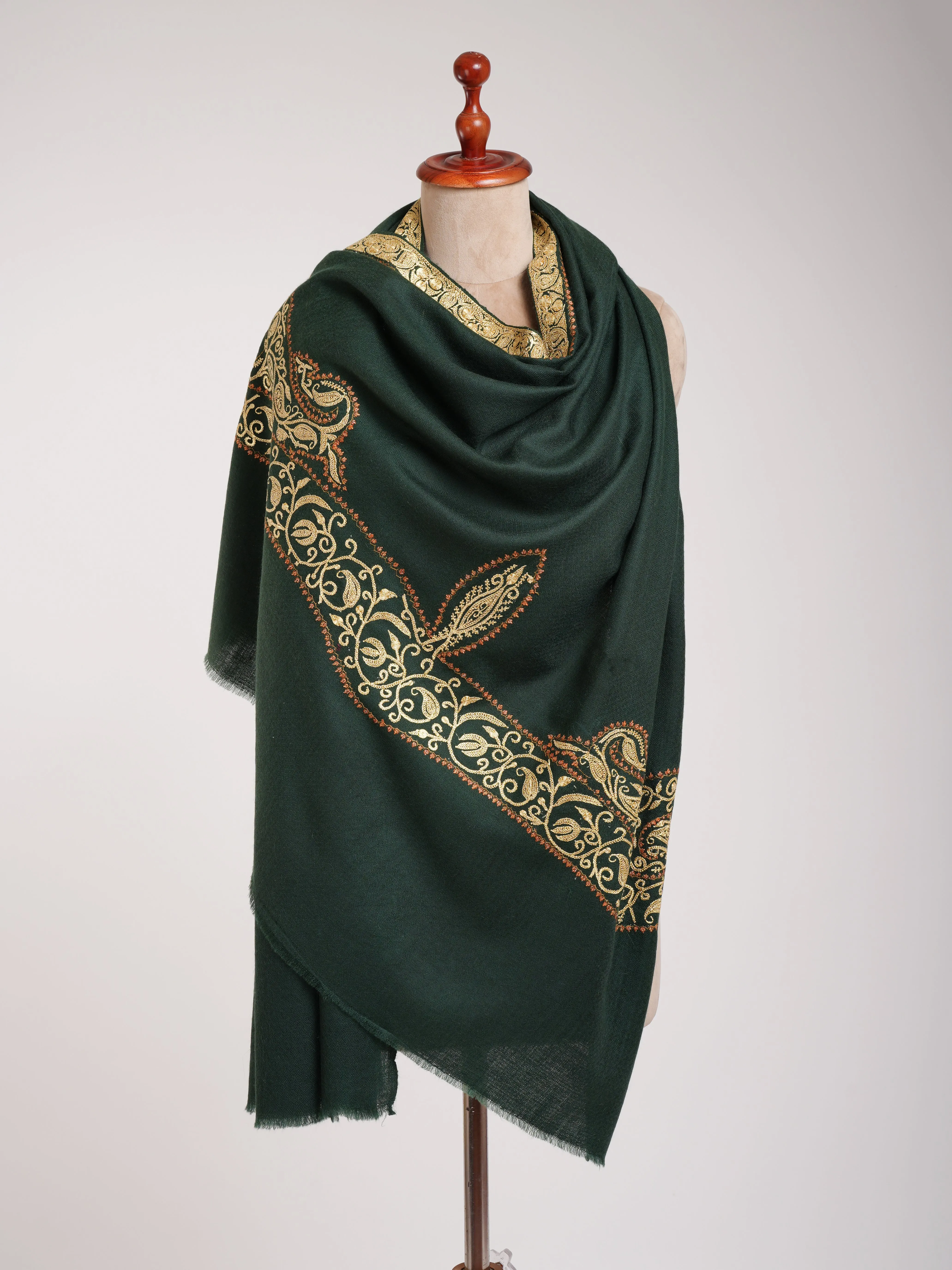 Dark Green Pashmina Shawl with Hand Tillawork Embroidery